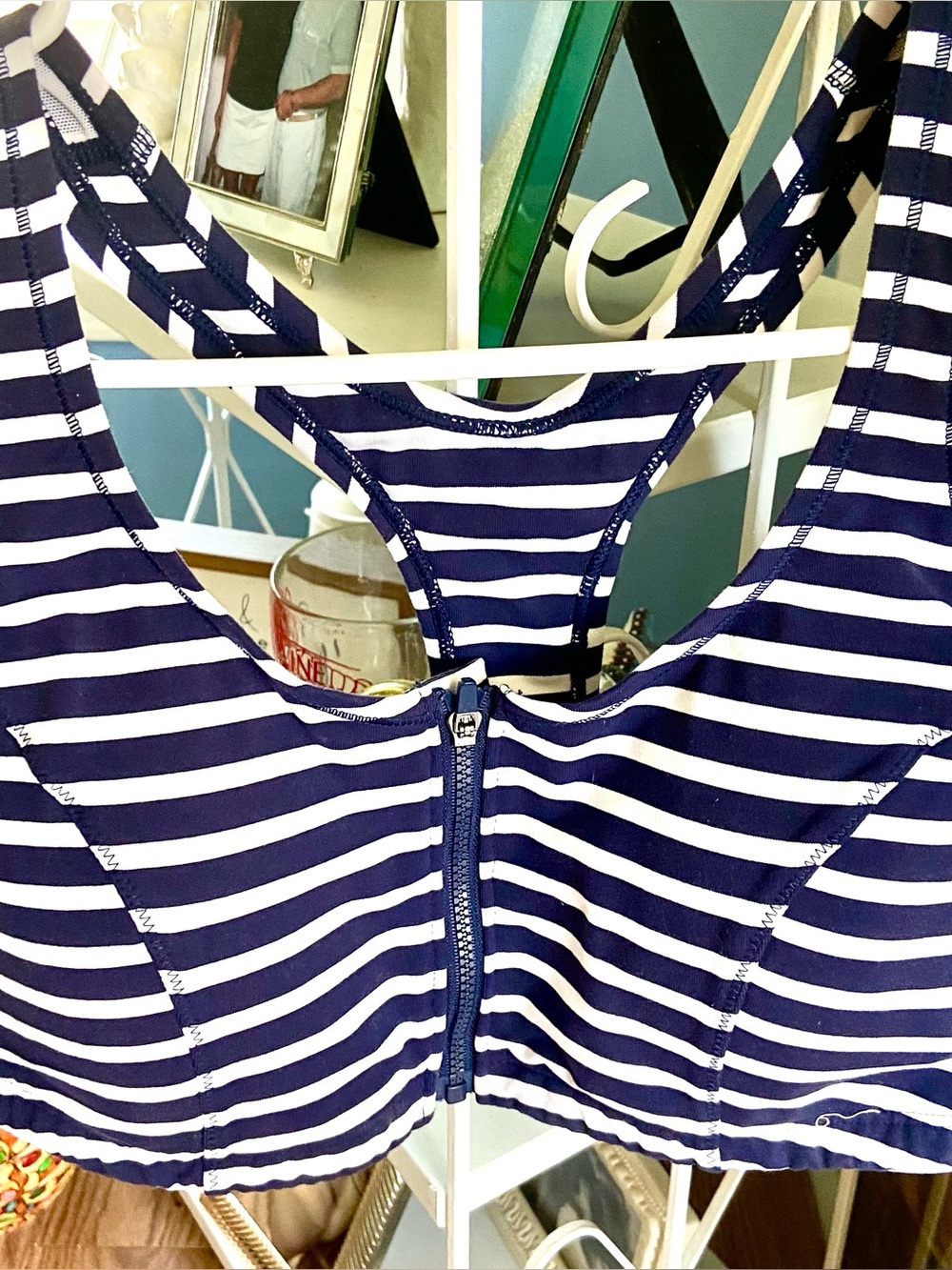 Women’s Navy and White Striped One-Piece sport bra/swim with Front Zip -